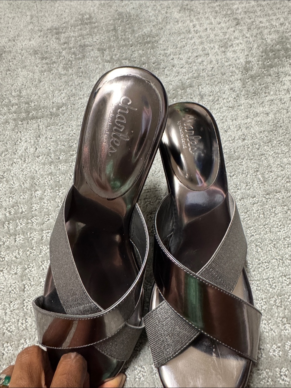 Charles David Metallic Silver Cross-Band Slide Mules